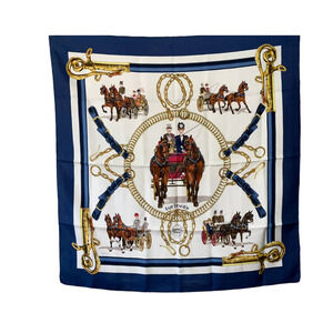 Hermès HERMES  "EQUIPAGES" Carre 90cm Square Silk Scarf Navy